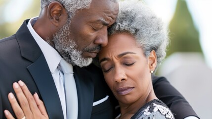Elderly couple embracing closely with serene expressions in a peaceful outdoor setting. demonstrates themes of love, support, and emotional connection in later life.