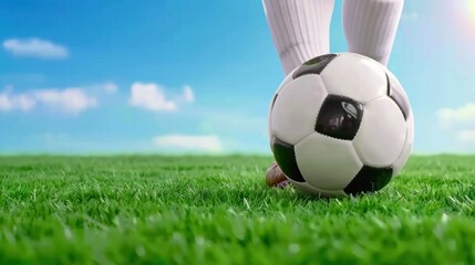 Soccer player's legs poised to kick a ball on vibrant green grass under a clear sky. sports enthusiasm, competition, and outdoor activity.