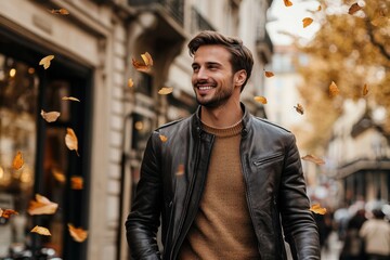 A stylishly dressed man beams with happiness while walking along a vibrant city street in autumn. His outfit includes a chic leather jacket, a casual sweater, and fashionable trousers.