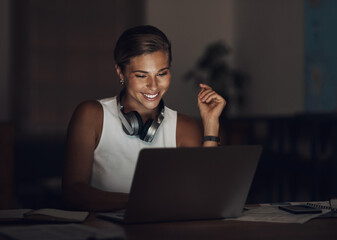 Night, happy woman and laptop in home for remote work, productivity and good news. Administrator,...