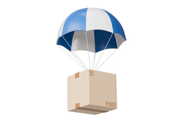3d Cardboard box with flying parachute icon. Minimal Parcel box or shipment package with hot air balloon. Cargo delivery service, Online Shopping concept on isolated blue purple background. 3d render.