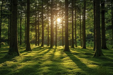 Naklejka premium Sunlight filtering through a dense forest canopy, illuminating a mossy forest floor
