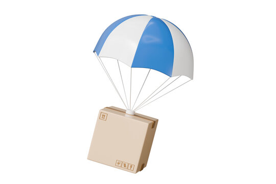 3d Cardboard box with flying parachute icon. Minimal Parcel box or shipment package with hot air balloon. Cargo delivery service, Online Shopping concept on isolated blue purple background. 3d render.