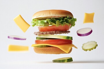 Delicious burger is floating in the air with all of its ingredients surrounding it on a white background. This image would be perfect for a menu or advertisement