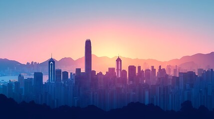 Obraz premium Flat illustration of Hong Kong's skyline, with Victoria Peak and skyscrapers in silhouette, set against a soft gradient transitioning from dawn's pink to blue, minimalist design, clean lines,