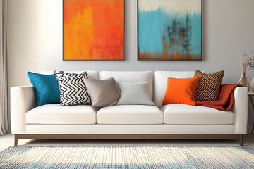 Modern living room interior with abstract paintings on the wall, a sofa, and a coffee table. 
