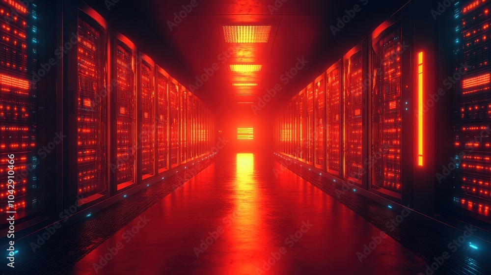 Poster a futuristic server room illuminated in red light.