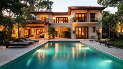 Obraz premium Beautiful House with a Sparkling Pool, Luxury Residential Property Featuring Modern Architecture, Outdoor Pool, and Scenic Surroundings