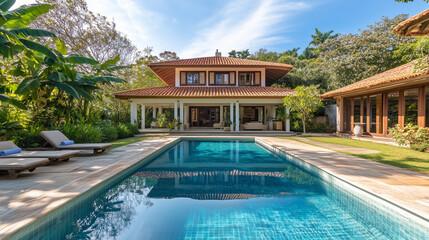 Fototapeta premium Beautiful House with a Sparkling Pool, Luxury Residential Property Featuring Modern Architecture, Outdoor Pool, and Scenic Surroundings