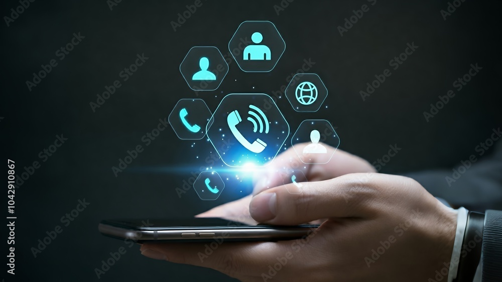 Poster hand holding smartphone with virtual icons for communication and networking floating above it.