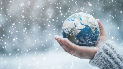 Environment Earth Day In the hands holding earth with snow,Extremely weather swing of climate change concept,Saving environment,Global Warming,environmentally sustainable,Save Earth,Disaster earth.