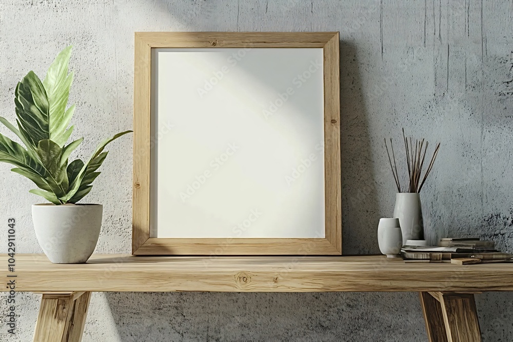 Poster wooden frame on a table with a houseplant, bathed in sunlight creating shadows. the modern design wi