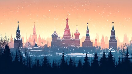 Fototapeta premium Flat illustration of Moscow’s Red Square, featuring the silhouettes of Saint Basil's Cathedral and the Kremlin, set against a frosty winter sky, minimalist design, clean lines, soft color transitions,
