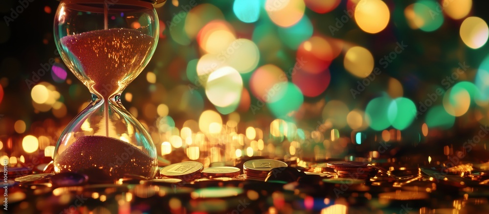 Poster hourglass symbolizing time with coins and colorful bokeh background
