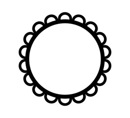 Scalloped edge circle frame. Simple round scalloped border. Fabric lace pattern frame. Repeat cute vintage frill ornament. Texture ribbon. Vector illustration isolated on white background.