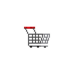 Shopping cart pixel art icon. Design for logo, web, mobile app, sticker, badges and patches. Video game sprite. 8-bit. Isolated vector illustration.