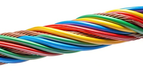 Flexible Three-Wire Electrical Cable Macro Photography - Isolated Copper Multicore Cable with Color Insulation, Close-Up Cross Section, Curved Power Wire, 3D Rendering for Technical Illustration