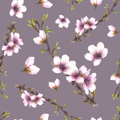 Fototapeta premium Almond blossom tree branch Watercolor Spring leaves, buds, blooming flowers. Seamless pattern hand drawn illustration. Blooming apple, cherry clipart. Wallpaper, fabric on isolated coloured background