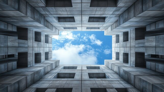 Symmetrical skyscraper view courtyard to blue sky - Powered by Adobe