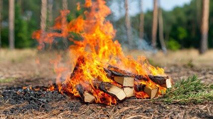 Burning Campfire in Forest with Flames and Smoke