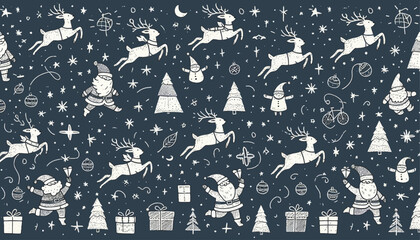 Cotton fabric pattern with silhouettes of Santa and reindeer