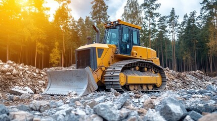 Yellow bulldozer on a construction site. This photo can be used for construction, industry, and machinery related projects.