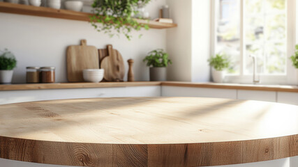 Round wooden table with sunlight shining on it, with a blurred background of a kitchen.
