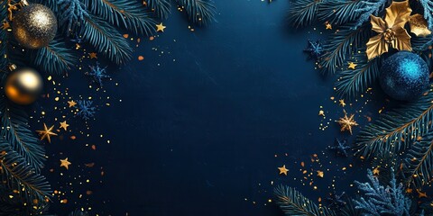 Christmas and New Year banner with blue baubles, golden stars, and frosted pine branches on a dark background. Holiday web design, social media, seasonal invitations, copy space, greeting cards