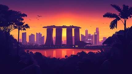 Fototapeta premium Flat illustration of Singapore’s skyline, with Marina Bay Sands and the Gardens by the Bay in silhouette, set against a tropical sunset gradient, minimalist design, clean lines, muted colors,