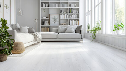 Minimalist living room with comfortable seating and bookshelves.