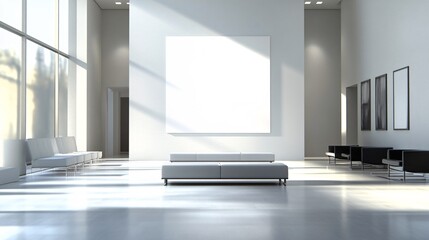 Fototapeta premium 2410 12.Minimalistic office space with stylish contemporary furniture, showcasing a large, well-lit blank wall in the center, ready for branding or artwork presentation.