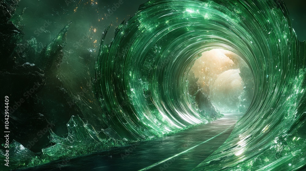 Poster a captivating green futuristic design featuring dynamic wave patterns and shimmering effects, evokin