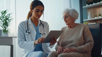 Female doctor, wearing a shiny white coat is using an iPad to assist a patient.