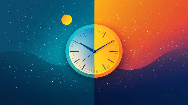 A vibrant graphic showing a digital clock transitioning from day to night in a colorful background.