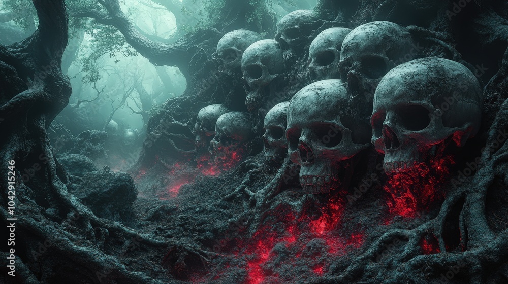 Poster a chilling background of skulls stacked together in a dark, foggy forest with twisted trees.