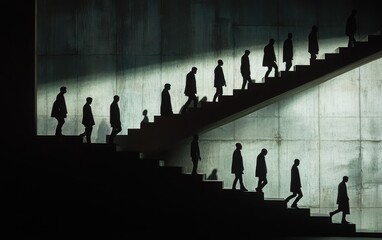 A striking visual of silhouettes of people ascending a set of stairs, capturing the essence of career advancement and growth