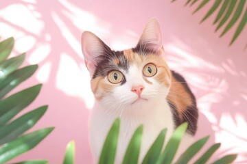 Calico cat surrounded green leaves on pink background