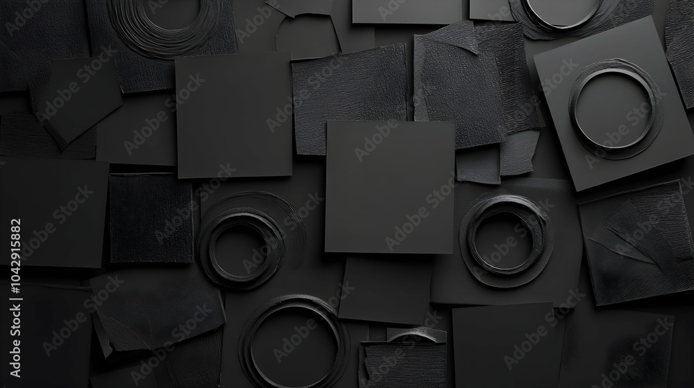 Poster group of random black paper squares with circle patterns, some blank -