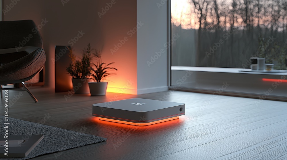 Poster a contemporary smart home hub device illuminated gently on a soft gray background, representing the 