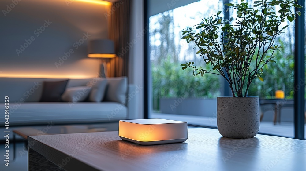 Poster a contemporary smart home hub device illuminated gently on a soft gray background, representing the 