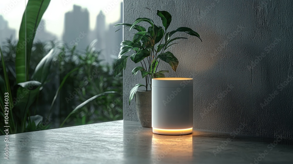 Poster a contemporary smart home hub device illuminated gently on a soft gray background, representing the 