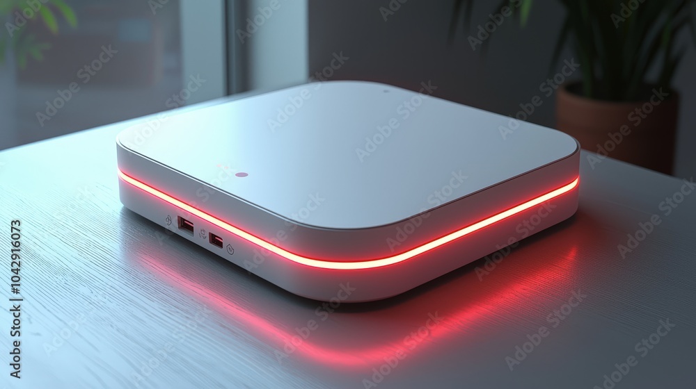 Poster a contemporary smart home hub device softly illuminated on a stylish gray background, representing t