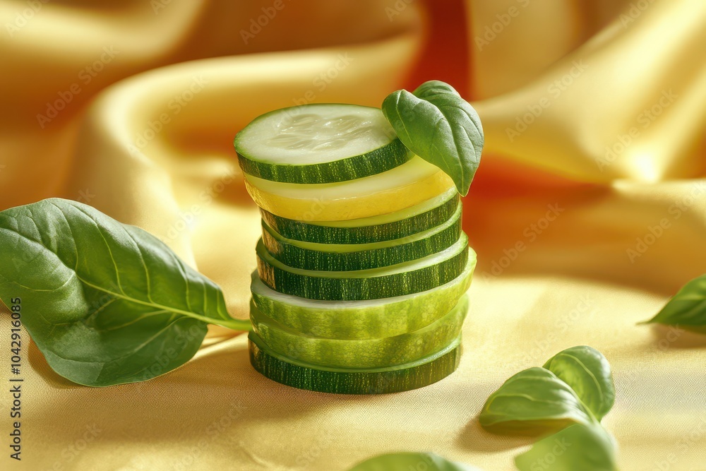 Poster fresh cucumber slices with basil on yellow fabric background