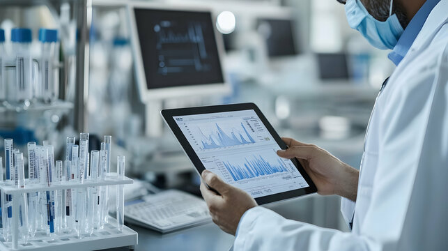 Healthcare professional analyzing medical reports and data on a tablet in a clinical setting -