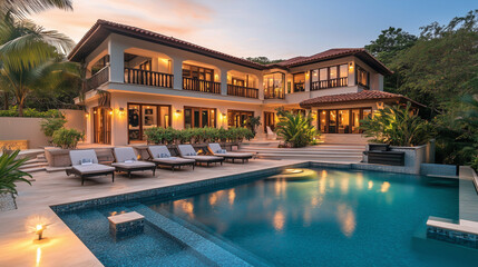 Fototapeta premium Beautiful House with a Sparkling Pool, Luxury Residential Property Featuring Modern Architecture, Outdoor Pool, and Scenic Surroundings