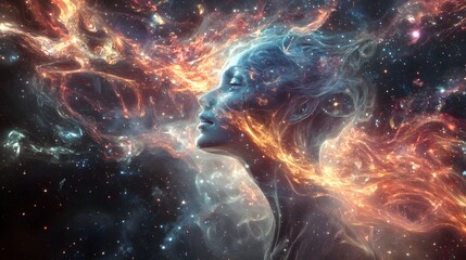 Electric tendrils flow from the figure into the universe connecting with the stars