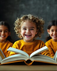 Joyful children reading together in cozy atmosphere