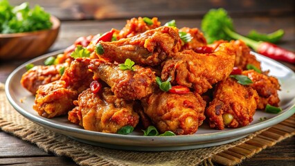 Fototapeta premium Low angle view of delicious crispy spicy chicken plates