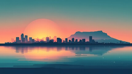 Fototapeta premium Minimalist depiction of Cape Town's cityscape and Table Mountain in silhouette, with a soft gradient oceanic background, simple geometric forms, clean lines, muted colors, modern flat design,