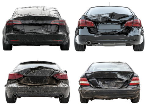 An abandoned rusted car, damaged cars after collision, rear view
